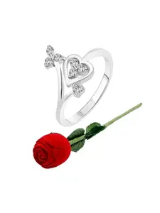 Vighnaharta Rhodium-Plated Cubic Zirconia Studded Adjustable Finger Ring & Ring Box