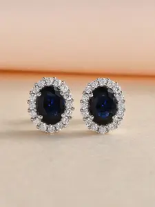 Ornate Jewels Rhodium-Plated Artificial Stones-Studded Oval Studs Earrings
