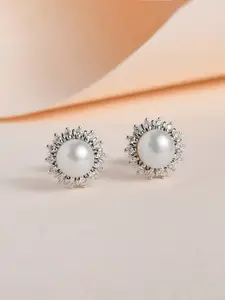 Ornate Jewels Rhodium-Plated Sterling Silver Pearls Circular Studs Earrings