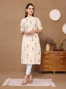 Rangita Floral Printed Mandarin Collar Short Sleeves Straight Cotton Kurta