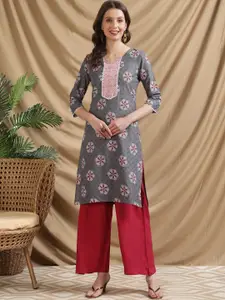 Rangita Ethnic Motifs Printed Thread Work Pure Cotton Straight Kurta
