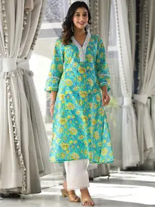 Varanga Floral Printed V- Neck Thread work Straight Kurta