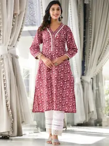 Varanga Floral Printed V- Neck Straight Kurta