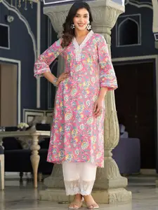 Varanga Floral Printed V-Neck Lace Work Straight Kurta