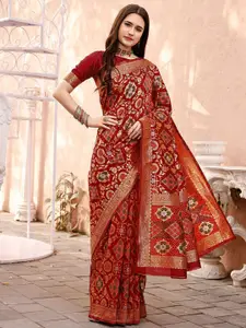 Mitera Maroon Ethnic Motifs Woven Design Zari Banarasi Saree
