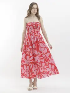 RAREISM Floral Printed Strapless Sleeveless Smocked Maxi Dress