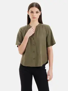 Kazo Mandarin Collar Satin Shirt Style Top