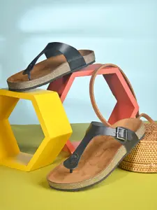 SKORA Open Toe T-Strap Flats with Buckles