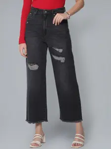 Flying Machine Women Straight Fit Mildly Distressed Light Fade Cropped Length Cotton Jeans