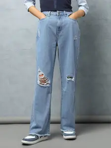 Flying Machine Women Straight Fit High-Rise Mildly Distressed Pure Cotton Jeans