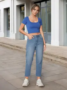 Flying Machine Women Relaxed Fit High-Rise Light Fade Stretchable Cropped Straight Fit Jeans