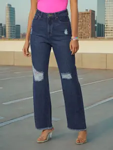 Flying Machine Women Straight Fit High-Rise Mildly Distressed Pure Cotton Jeans