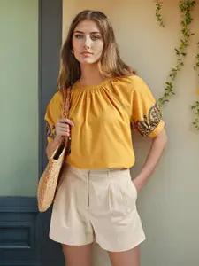 U.S. Polo Assn. Women Puff Sleeves Gathered Detailed Pure Cotton Top