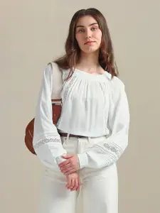 U.S. Polo Assn. Women Square Neck Cuffed Sleeves Lace Inserts Top