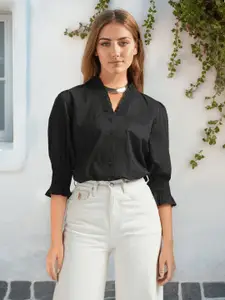 U.S. Polo Assn. Women V-Neck Puff Sleeves Smocked Detailed Pure Cotton Top