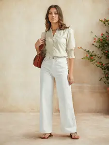 U.S. Polo Assn. Women V-Neck Puff Sleeves Pure Cotton Top