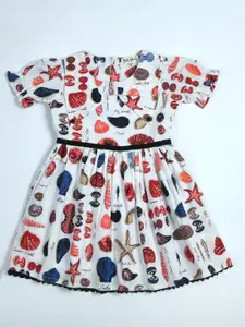 Bella Moda Girls Print Pure Cotton Peter Pan Collar Puff Sleeve Fit & Flare Dress