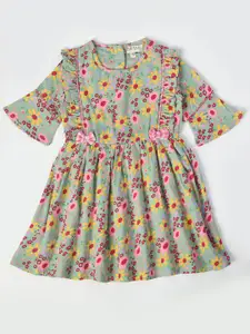 Bella Moda Girls Floral Printed Bell Sleeves Gathered Ruffles Bow Cotton Fit & Flare Dress