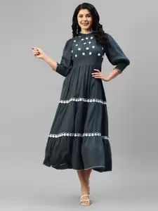 DEEBACO Round Neck Puff Sleeves Embroidered Smocked Tiered Fit & Flare Midi Dress