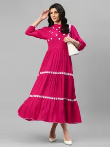 DEEBACO Round Neck Puff Sleeves Embroidered Smocked Tiered Fit & Flare Midi Dress