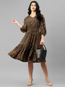 DEEBACO Floral Printed Puffed Sleeves Tiered Fit & Flare Dress