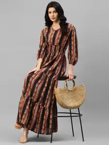 DEEBACO Ethnic Motifs Printed Puffed Sleeves Tiered Fit and Flare Maxi Dress