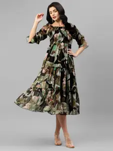 DEEBACO Floral Printed Square Neck Smocked Tiered Chiffon A-Line Midi Dress