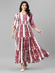 DEEBACO Ethnic Motifs Printed Puff Sleeves Tiered Maxi Dress