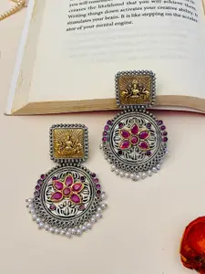 ABDESIGNS Silver-Plated Stone-Studded & Beaded Brass Geometric Oxidised Drop Earrings