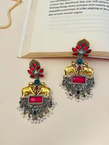 ABDESIGNS Silver Plated Stones Studded Dual Tone Drop Earrings