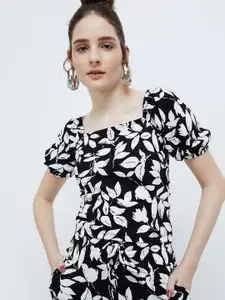 Ginger by Lifestyle Floral Printed Square Neck Puff Sleeves Crop Top
