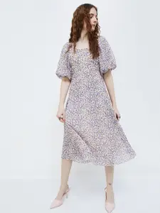 Ginger by Lifestyle Floral Printed Square Neck Puff Sleeves A-Line Midi Dress