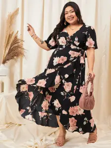 Berrylush Curve Plus Size Floral Printed Flared Sleeve Ruffled Crepe Maxi Dress