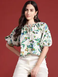 all about you Floral Print Tie-Up Neck Puff Sleeves Top