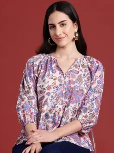all about you Printed Mandarin Collar Puff Sleeves Cotton Top