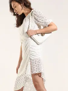 Vero Moda Self Design Round Neck Gathered Ruched A-Line Dress