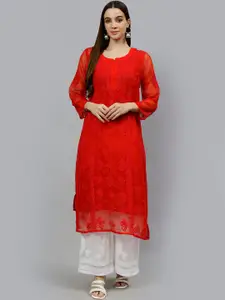 Seva Chikan Floral Embroidered Chikankari Straight Kurta