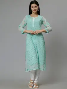 Seva Chikan Ethnic Motifs Embroidered Round Neck Chikankari Georgette Straight Kurta