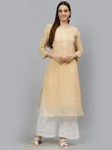 Seva Chikan Floral Embroidered Notched Neck Lucknowi Chikankari Georgette Straight Kurta