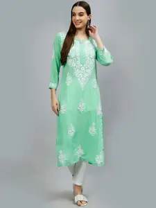 Seva Chikan Floral Embroidered Notched Neck Thread Work Straight Kurta