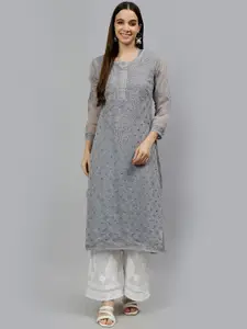 Seva Chikan Floral Embroidered Notched Neck Lucknowi  Chikankari Georgette Kurta