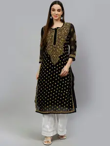 Seva Chikan Floral Embroidered Notched Neck Lucknowi Chikankari Georgette Straight Kurta