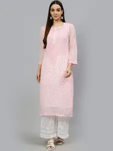 Seva Chikan Floral Embroidered Notched Neck Lucknowi Chikankari Georgette Straight Kurta