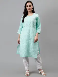 Seva Chikan Ethnic Motifs Embroidered Round Neck Chikankari Straight Kurta