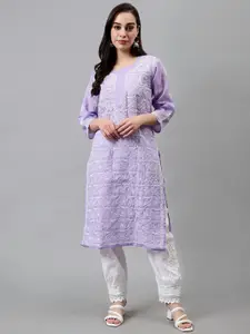 Seva Chikan Floral Embroidered Round Neck Three-Quarter Sleeves Chikankari Straight Kurta