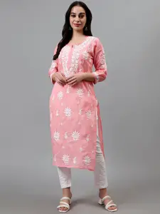 Seva Chikan Floral Printed Round Neck Three-Quarter Sleeves Chikankari Straight Kurta
