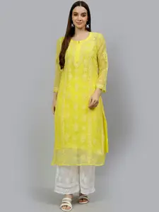 Seva Chikan Ethnic Motifs Embroidered Notched Neck Chikankari Georgette Straight Kurta