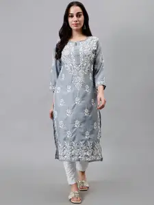 Seva Chikan Floral Embroidered Notched Neck Round Neck Thread Work Straight Kurta