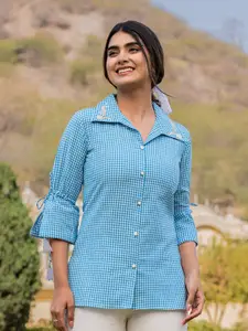 Yufta Printed Shirt Collar Bell Sleeves Cotton Shirt Style Top