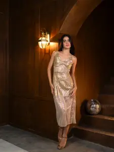 Stylecast X Hersheinbox Gold Embellished Sheath Midi Dress